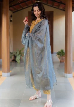 Daksha Mustard Ajrakh Chanderi Silk A Line Kurta with Hand Embroidery