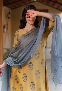 Daksha Mustard Ajrakh Chanderi Silk A Line Kurta with Hand Embroidery