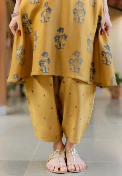Daksha Mustard Ajrakh Chanderi Silk A Line Kurta with Hand Embroidery
