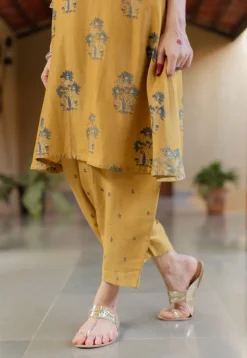 Daksha Mustard Ajrakh Chanderi Silk A Line Kurta with Hand Embroidery