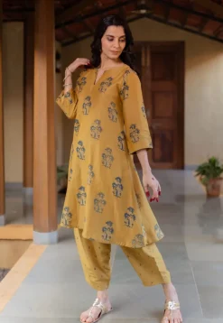 Daksha Mustard Ajrakh Chanderi Silk A Line Kurta with Hand Embroidery