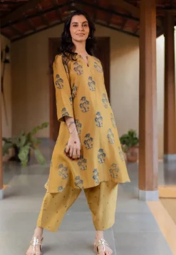 Daksha Mustard Ajrakh Chanderi Silk A Line Kurta with Hand Embroidery