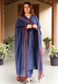 Dark Indigo Ajrakh Chanderi Silk Dupatta with Embroidery