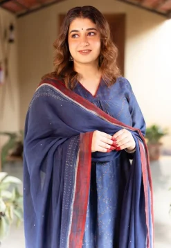 Dark Indigo Ajrakh Chanderi Silk Dupatta with Embroidery