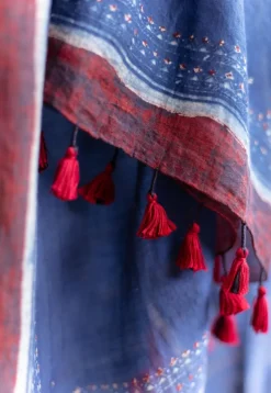 Dark Indigo Ajrakh Chanderi Silk Dupatta with Embroidery