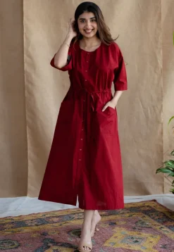 Deepti Maroon Solid Cotton Loose Dress