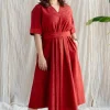 Dhvija Red Ajrakh Cotton A Line Dress with Hand Embroidery