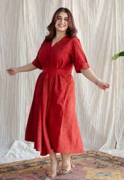 Dhvija Red Ajrakh Cotton A Line Dress with Hand Embroidery
