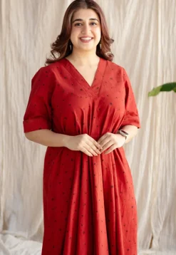 Dhvija Red Ajrakh Cotton A Line Dress with Hand Embroidery