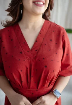 Dhvija Red Ajrakh Cotton A Line Dress with Hand Embroidery