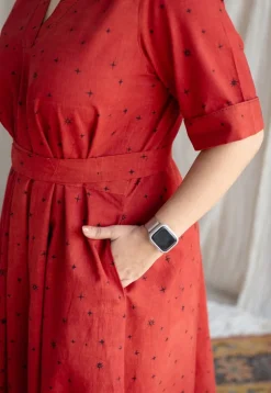 Dhvija Red Ajrakh Cotton A Line Dress with Hand Embroidery