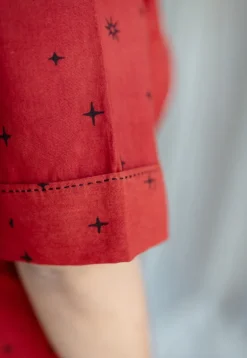 Dhvija Red Ajrakh Cotton A Line Dress with Hand Embroidery