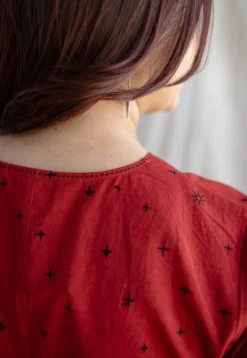 Dhvija Red Ajrakh Cotton A Line Dress with Hand Embroidery