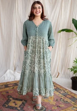 Divisha Green Batik MulMul Cotton A Line Dress with Slip