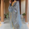 Dusty Teal Solid Kota Doria Silk Dupatta with Mukaish Detailing