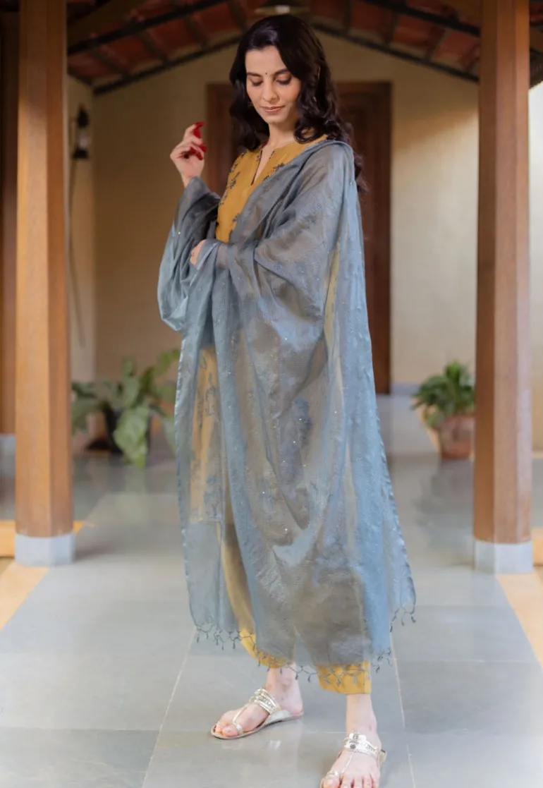 Dusty Teal Solid Kota Doria Silk Dupatta with Mukaish Detailing
