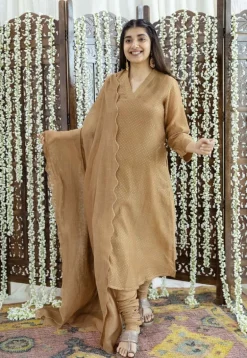 Eesha Brown Rogan Chanderi Silk A Line Kurta Set (Set of 3)