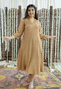 Eesha Brown Rogan Chanderi Silk A Line Kurta Set (Set of 3)