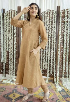 Eesha Brown Rogan Chanderi Silk A Line Kurta Set (Set of 3)