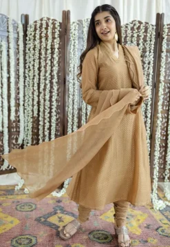 Eesha Brown Rogan Chanderi Silk A Line Kurta Set (Set of 3)