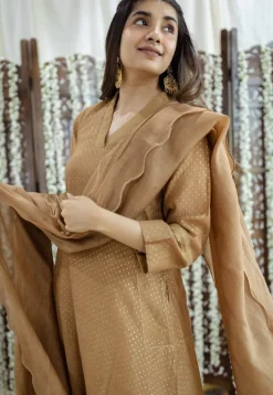 Eesha Brown Rogan Chanderi Silk A Line Kurta Set (Set of 3)