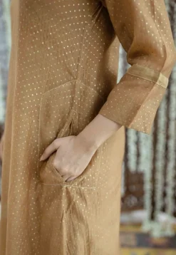 Eesha Brown Rogan Chanderi Silk A Line Kurta Set (Set of 3)