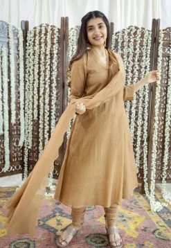 Eesha Brown Rogan Chanderi Silk A Line Kurta Set (Set of 3)