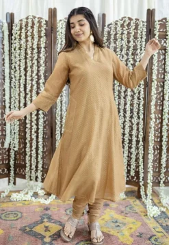 Eesha Brown Rogan Chanderi Silk A Line Kurta Set (Set of 3)