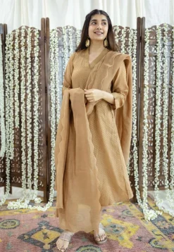 Eesha Brown Rogan Chanderi Silk A Line Kurta Set (Set of 3)