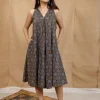 Eira Charcoal Ajrakh Cotton A Line Dress