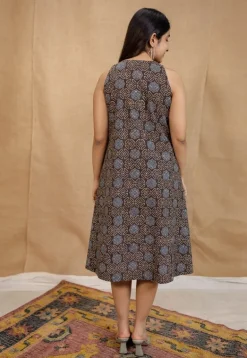 Eira Charcoal Ajrakh Cotton A Line Dress