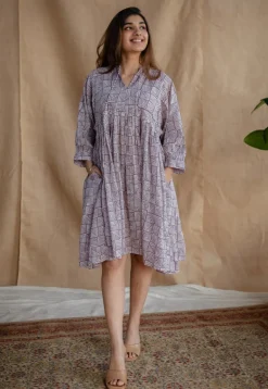 Elina Lavender Batik MulMul Cotton A Line Dress