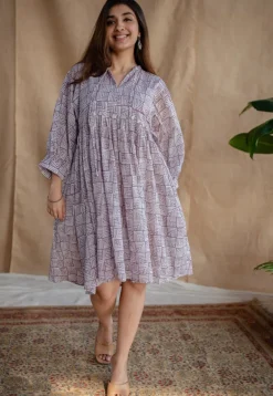 Elina Lavender Batik MulMul Cotton A Line Dress