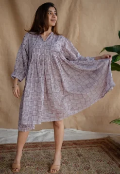 Elina Lavender Batik MulMul Cotton A Line Dress