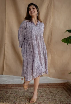 Elina Lavender Batik MulMul Cotton A Line Dress