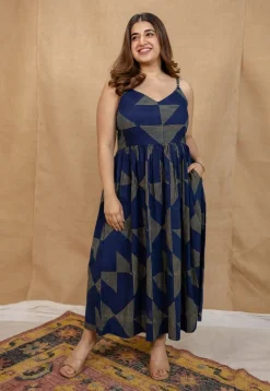 Eliya Indigo Ajrakh Cotton A Line Dress