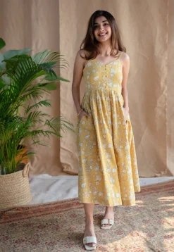 Eliya Yellow A Line Dabu Slub Cotton Dress