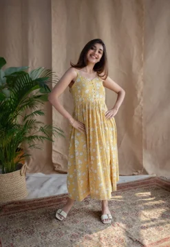 Eliya Yellow A Line Dabu Slub Cotton Dress
