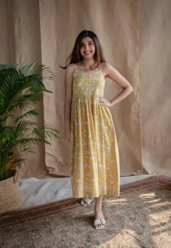 Eliya Yellow A Line Dabu Slub Cotton Dress