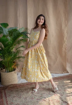 Eliya Yellow A Line Dabu Slub Cotton Dress