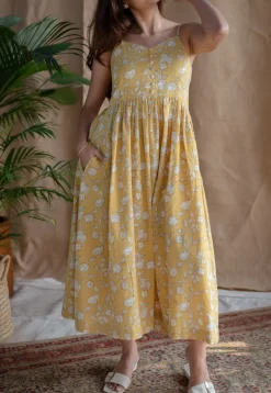 Eliya Yellow A Line Dabu Slub Cotton Dress
