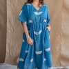 Emara Indigo Dabu Slub Cotton Loose Dress with Embroidery