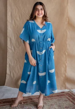 Emara Indigo Dabu Slub Cotton Loose Dress with Embroidery