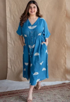 Emara Indigo Dabu Slub Cotton Loose Dress with Embroidery