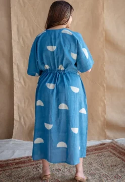 Emara Indigo Dabu Slub Cotton Loose Dress with Embroidery