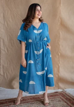 Emara Indigo Dabu Slub Cotton Loose Dress with Embroidery
