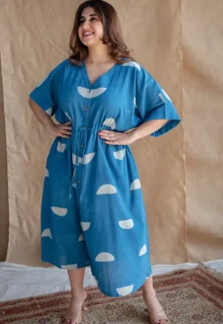 Emara Indigo Dabu Slub Cotton Loose Dress with Embroidery