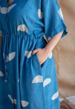 Emara Indigo Dabu Slub Cotton Loose Dress with Embroidery