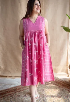 Erah Dabu Slub Cotton Hand Embroidered Dress