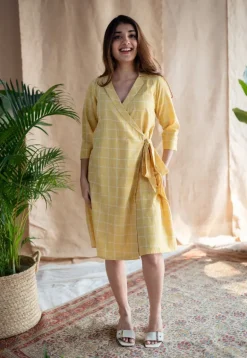 Erza Yellow Dabu Slub Cotton Straight Dress